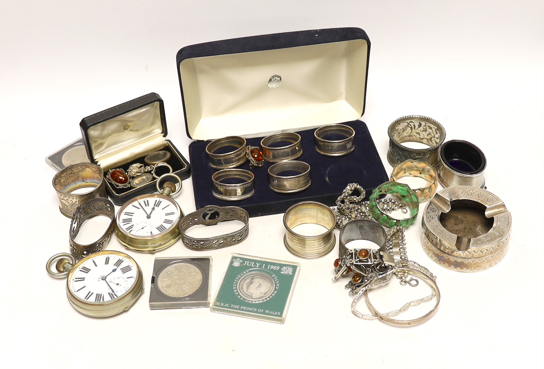 Sundry, silver, plated items, jewellery, commemorative coins and pocket watches including napkin rings, ashtray, necklace etc.